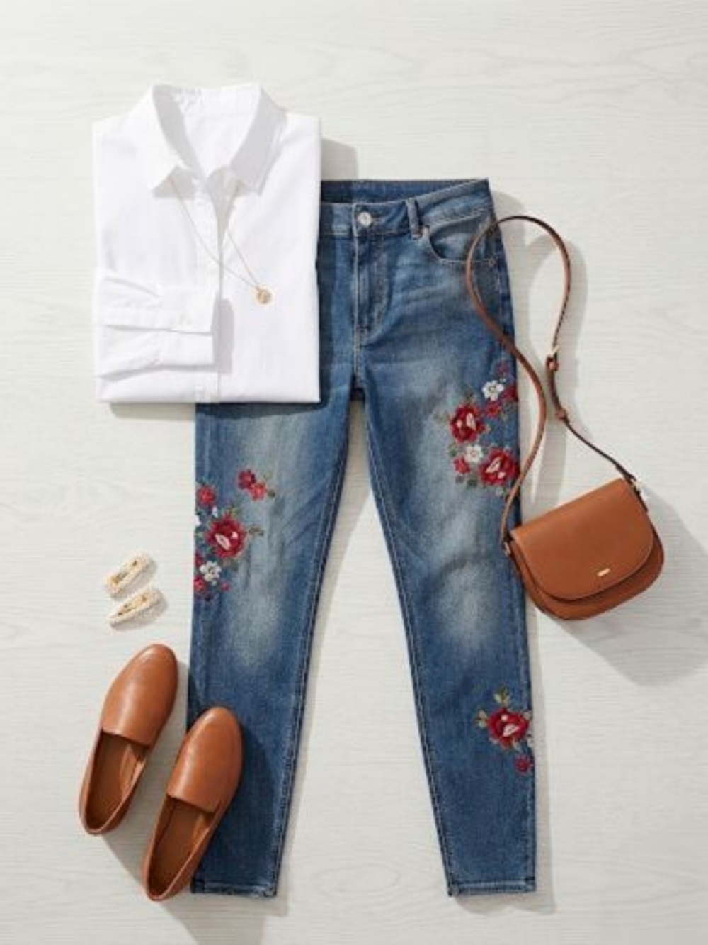 EUC Express Blue Denim High Rise Leggings with Floral Embroidery, Size 2S